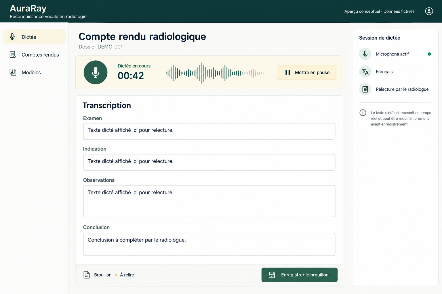 AuraRay : aperçu conceptuel d’un compte rendu radiologique avec données fictives